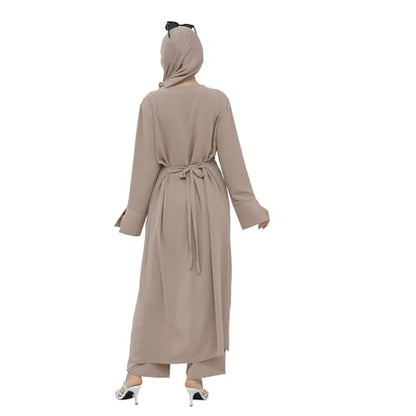 IDOPIP Muslim Women 2-Piece Set Long Sleeve Ramadan Islamic Abaya Dress Shirt with Pants Loose Fit Casual Dubai Prayer Outfit - color: Light Khaki, size: Medium-Large
