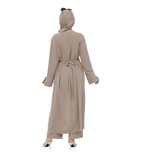 IDOPIP Muslim Women 2-Piece Set Long Sleeve Ramadan Islamic Abaya Dress Shirt with Pants Loose Fit Casual Dubai Prayer Outfit - color: Light Khaki, size: X-Large-XX-Large