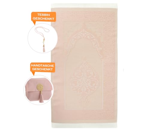 Prien Muslim Prayer Rug with Tasbih and Portable Bag, Muslim Gift for Women Men, Mubarak Islamic Box, Soft Mat Islam Gifts Set, Turkish Sajadah for Ramadan, Eid, Hajj, Travel, Pray (Powder Pink) - color: Powder Pink