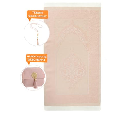 Prien Muslim Prayer Rug with Tasbih and Portable Bag, Muslim Gift for Women Men, Mubarak Islamic Box, Soft Mat Islam Gifts Set, Turkish Sajadah for Ramadan, Eid, Hajj, Travel, Pray (Powder Pink) - color: Powder Pink