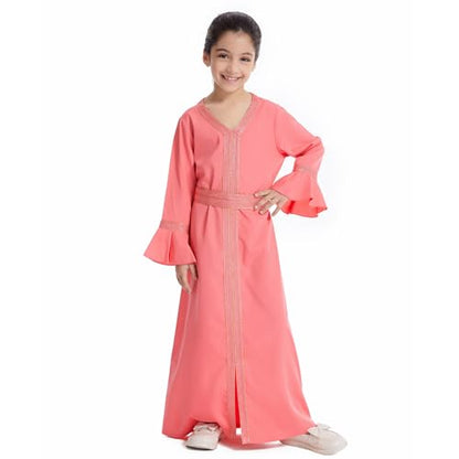 Girls Abaya Muslim Dress Hijab Islamic Kids Kaftan Long Sleeve Modest 2 Piece Set Prayer Gown Middle East A2 - color: Watermelon Red, size: 13-14 Years