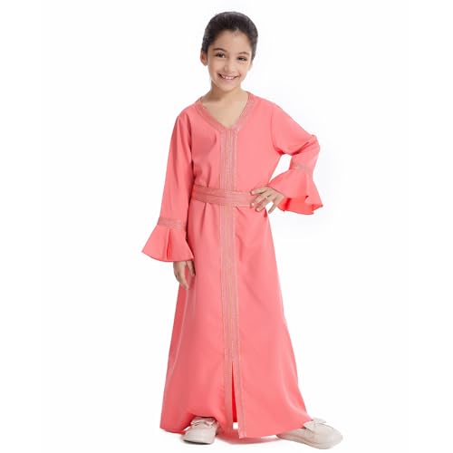 Girls Abaya Muslim Dress Hijab Islamic Kids Kaftan Long Sleeve Modest 2 Piece Set Prayer Gown Middle East A2 - color: Watermelon Red, size: 11-12 Years