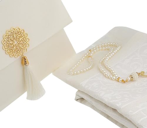 Prien Muslim Prayer Rug with Tasbih and Portable Bag, Muslim Gift for Women Men, Mubarak Islamic Box, Soft Mat Islam Gifts Set, Turkish Sajadah for Ramadan, Eid, Hajj, Travel, Pray (Cream) - color: Cream