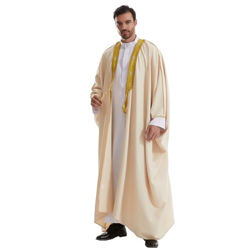 Muslim Men Thobe Thick Golden Tassel Muslim Prayer Cardigan Eid Open Abaya - color: Beige, size: X-Large