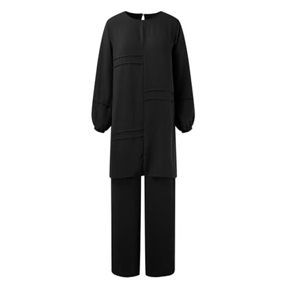 Muslim Outfits For Women 2 Piece Sets Long Sleeve Loose Tops Wide Leg Pants Suits Plus Size Outfit Prayer Clothes - color: Black, size: 3X-Large