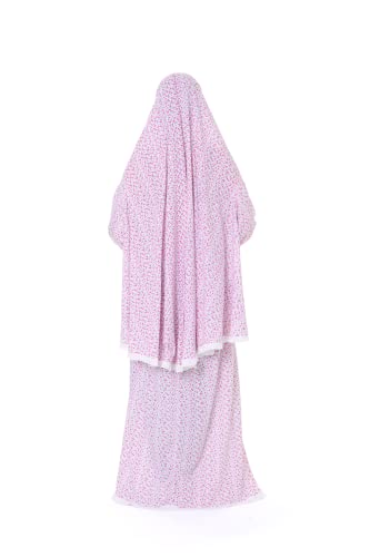 Islamic Dress for Women Prayer Clothes for Muslim Women 2 Piece Set Maxi Skirt with Hijab and Rosary Printed Dress - color: Pink