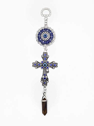 LUCKBOOSTIUM Blue Crystal Inlayed Cross & Blue Mandala Evil Eye Amulet w/Hanging Healing Stone - Nature, Energy, Rebirth, Growth Charms - Car & Home Charm Ornament (2"x8", Goldstone) - color: Goldstone