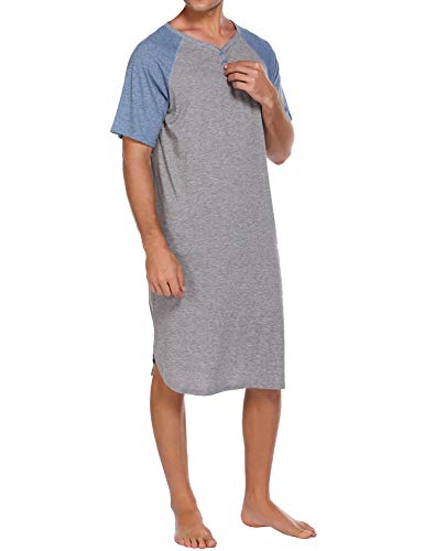 Ekouaer Sleepwear Men's Nightshirt Short Sleeve Pajamas Comfy Big & Tall Henley Sleep Shirt M-XXXL - color: Grey With Light Blue, size: XX-Large