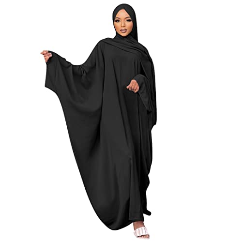 Muslim Dress for Women Pakistani Kaftan Abaya Robe + Hijab Arabic Islamic Prayer Clothes Dubai Outfits - color: Black Set
