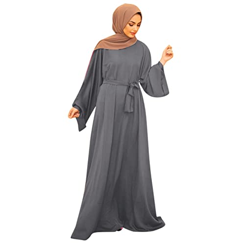 Prayer Dress for Women Muslim Long Sleeve A Line Elegant Maxi Dress Casual Wedding Party Maxi Dresses with Belt - color: Grey, size: XX-Large