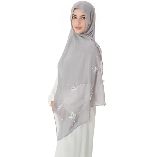 Muslim Prayer Hijab for Women Lightweight Pearl Chiffon Scarfs 3-D Butterfly Embroidery with Glitters Beads Islamic Hijab - color: Light Gray