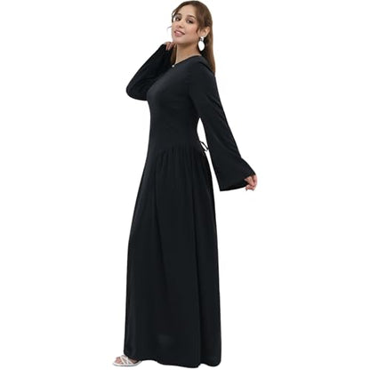 Muslim Abaya Dress for Women Smooth Back Zipper Belt Daily Prayer Eid Dress - color: Black, size: Medium
