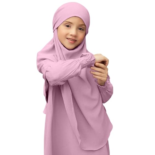 Muslim Clothes for Toddler Girls Long Sleeve Abaya with Hijab Two Piece Kids Prayer Dress Maxi Islamic Scarf Kaftan - color: Pink, size: 7-8 Years