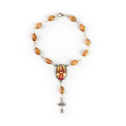 Olive Wood Car Rosary for Rearview Mirror from The Holy Land of Bethlehem - Auto Rosary with Jesus Sacred Heart (Red) Medal & Crucifix Cross Charm - 7" Pocket Rosary Beads for Hanging - color: Jesus Sacred Heart (Red)