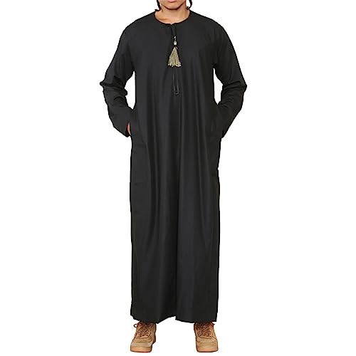 Mens Thobe Jubba Islamic Clothing Muslim Kaftan Emirati Omani Robe Arab Tassel - color: Black-gold, size: Large
