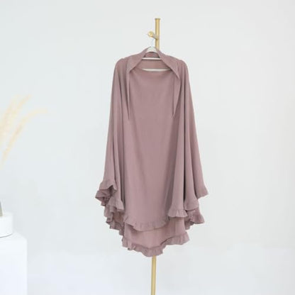 Boedaty Ramadan Eid Prayer Garment Long Khimar Hijab Scarf Wrap with Flounces Abaya Jilbab Muslim Islam for Women - color: Taro1