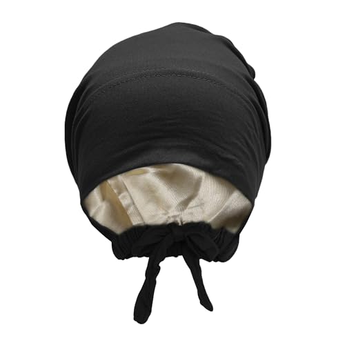 ZLYC Satin Lined Hijab Cap for Women Tie Back Undercap Underscarf Hat - color: Solid Black