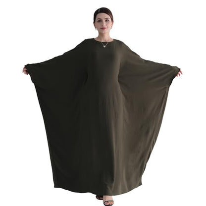 Abaya 무슬림 여성용 드레스 배트윙 슬리브 루즈핏 맥시 겸손한 이슬람 의류 히잡 스카프 포함 기도 드레스 - color: 아미 그린.