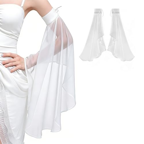 Long Tulle Bell Sleeves for Women, Women's Victorian Long Tulle Gloves with Adjustable Tie Strings - color: White