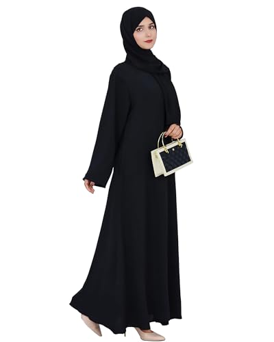 Solid Color Women Abaya Modest Muslim Prayer Robe Long Sleeve Dubai Maxi Dress Islamic Lightweight Dress - color: Black, size: Medium