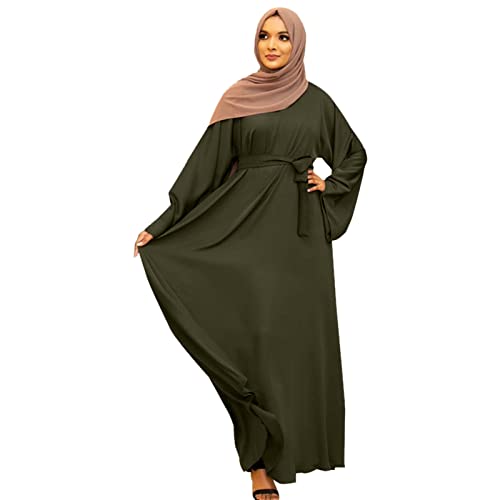 Casual Maxi Dresses for Women Long Sleeve Spring Pleated Flowy A Line Prayer Dress Muslim Dresses with Belt - color: Green, size: Small