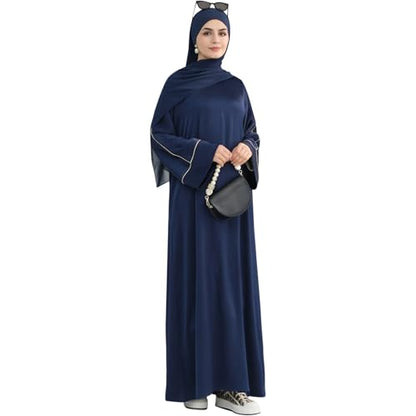 Muslim Praying Dress for Women Silk Glossy Back Zipper Robe Wear Gold Trim Modest Abaya Dress with Hijab - color: Navy, size: Large