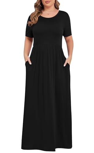 KARALIN Women Plus Size Maxi Dress Short Sleeve Round Neck Loose Fit A-Line - color: 001 Black, size: 22 Plus