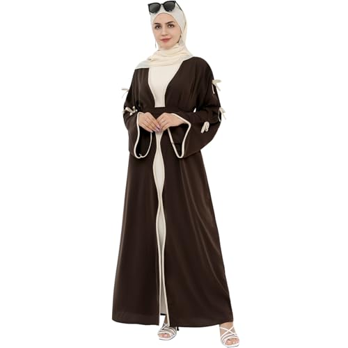 Abaya Dress for Women Muslim Bowknot Sleeves Islamic Prayer Casual Clothes Smooth Flowing Cardigan Dress - color: Coffee, size: Medium, style: Cardigan Dress
