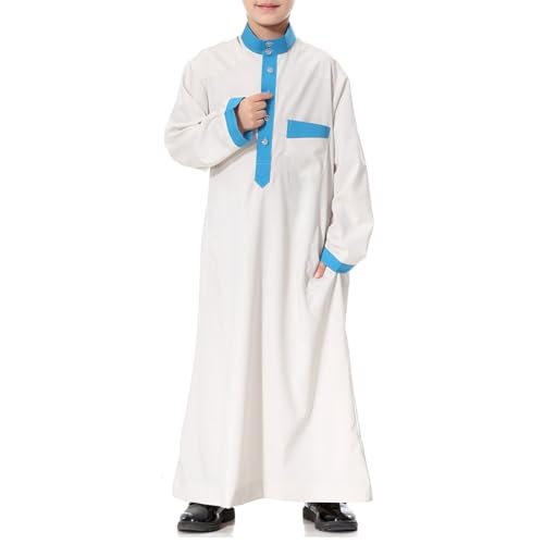 Arabic Thobe for Muslim Boys Eid Outfit Long Sleeve Kaftan Kids Prayer Dress Boys Muslim Thobe Ramadan Islamic Clothing - color: Beige, size: 5-6X