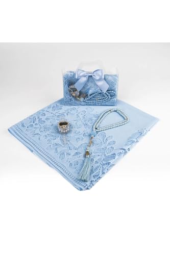 SODEF Gift Set: Blue Lace Shawl, Perfume, Beaded Prayer Beads & Zikirmatik in Stylish Box - Chic Islamic Gift for Women - Blue, 55x26 inch