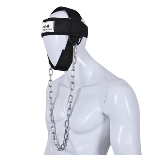 Adjustable Neck Training Harness with Steel Chain, Neoprene-Padded, for Neck Strength Training, Resistance Exercises, Wrestling, MMA & Fitness, Black