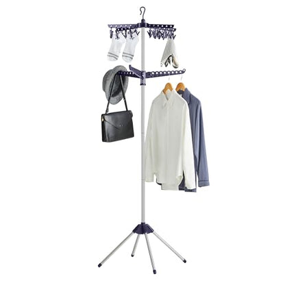 SONGMICS 2단 의류 건조대, 182.9cm(72인치) 접이식 세탁 건조대, 행거용 회전 가능한 팔 3개, 클립 24개, 스테인리스 스틸, 옷 27피스용, 블루 및 실버 ULLR512Q01 - color: 블루 + 실버, style: 2단 클립