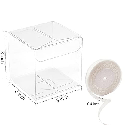 45 Pack 3x3x3 Inches Clear Favor Boxes with Ribbons, Transparent Plastic Cube Treat Boxes for Candy Goodie Gift, Small Individual Hot Cocoa Bomb Packaging Box - color: 3x3x3 Inch