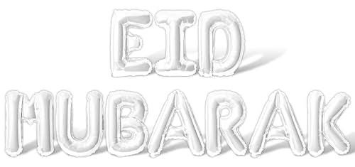 Letter Balloons - EID MUBARAK 16" Inch Alphabet Letters Foil Mylar Balloon Blessed Feast Festival Party Banner (White) - color: White