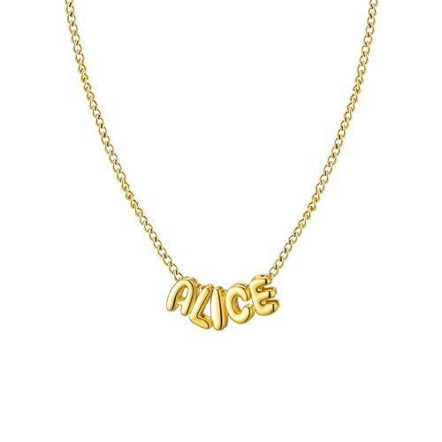 Ldurian Personalized Bubble Name Necklace, Tiny Name Plate Pendant Necklace, 14K Gold Plated Charm Cute Pre-made Jewelry for Women - size: 18 Alice