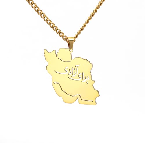 Iran Map Necklace Iranian Flag Persian Calligraphy Pendant Patriotic Heritage Pride Peace Jewelry Souvenir Series Gifts for Women Men - color: "برای آزادی "-For freedom gold