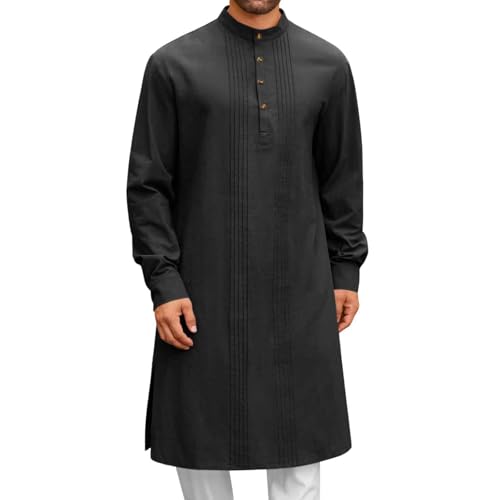 Men's Long Sleeve Stand Collar Kaftan Thobe Button Down Henley Robe Casual Side Slit Front Pleated Gown Shirt Tops - color: Black, size: Small