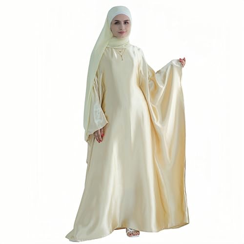 Abaya Muslim Women Dress Satin Batwing Sleeve Kaftan Maxi Arabian Dubai Islamic Ramadan Prayer Dress with Hijab Scarf - color: Beige