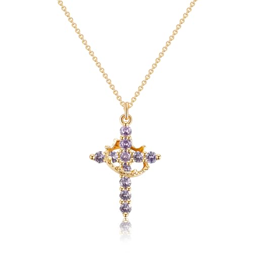 Robaice Upgraded Crown Cross Necklace for Women, 14K Gold Plated - color: M06 Alexandrite Purple, Jun