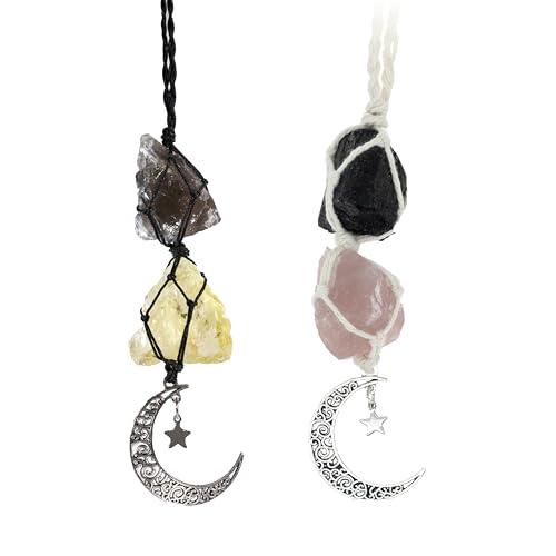 BOHO GARDEN Crystal Hanging Car Charm - Rear View Mirror Hanging Car Accessories for Women, Moon Decor Hanging Ornament - 2-Pack Black Tourmaline & Rose Quartz, Smoky Quartz & Citrine - color: 2-pack (Tourmaline-rose Quartz + Smoky Quartz-citrine)