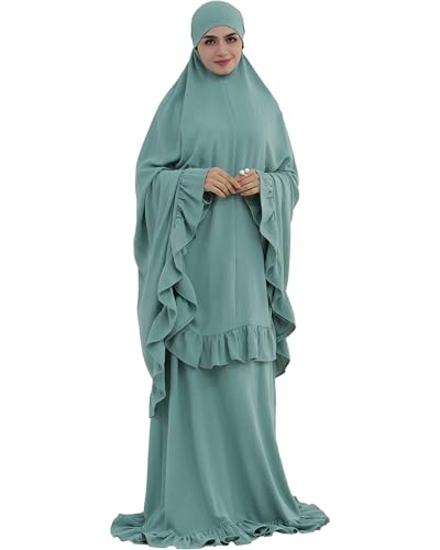 Abaya 2pcs Muslim Prayer Dress Sets with Islamic Hijab Scarf Two-Piece Full Length Dress Plus Size for Ramadan - color: Light Green, size: Large