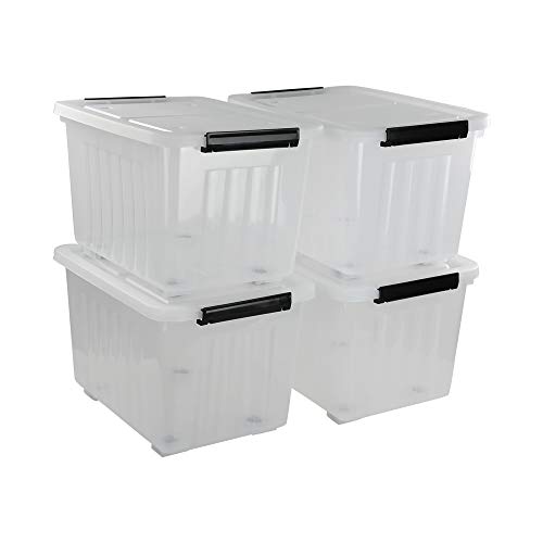 Kekow 4-Pack Clear Plastic Large Storage Box, Latch Bin with Wheels, 30 L | Easy-Glide Wheels, Sturdy Plastic Build, Easy Content Identification, Multi-Purpose Storage Bin, for Home Office Garage Use - size: 30 L