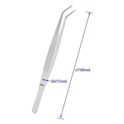 6.3" Stainless Steel Tweezers, Curved Pointed, 3/64" Thick | Serrated Tip, Perfectly Aligned, Multipurpose Daily Garden Home Lab Craft Repairing Tool