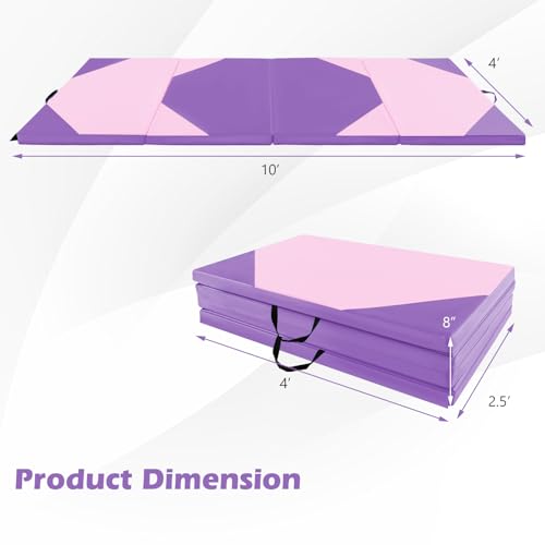 Goplus Folding Gymnastics Mat, 10’ x 4’ x 2’’ Thick Tumbling Mats with PU Leather, Hook & Loop Fasteners, Portable Handles, 4-Panel Exercise Mat for Home Gym Workouts, Yoga - color: Pink+Purple