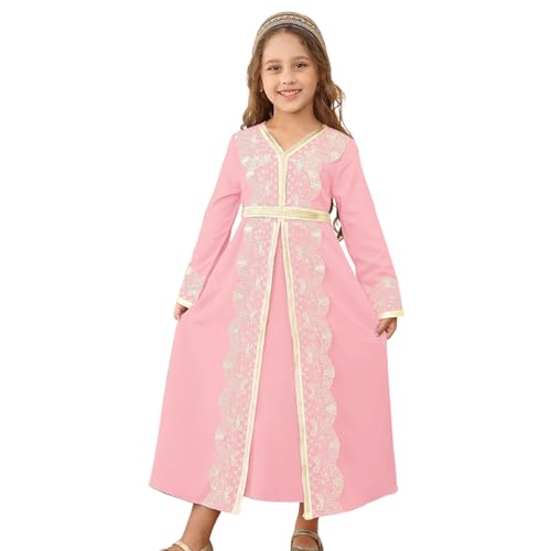Kids Girls Ramadan Muslim Lace Trim Maxi Dress with Belt Prayer Arabic Kaftan Dubai Islamic Eid Dresses - color: Pink, size: 6-7 Years