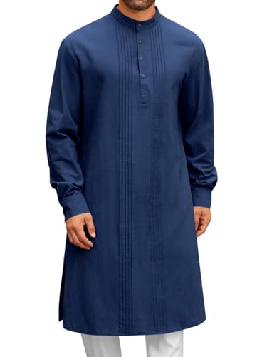 Runcati Mens Kaftan Robe Button Down Long Sleeve Cotton Linen Thobe Casual Muslim Gown Henley Shirt - color: Navy, size: XX-Large