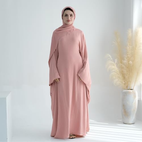 ODIZLI Abayas 여성용 무슬림 두바이 풀 커버 카프탄 셔츠 드레스 배트윙 슬리브 히잡 기도 드레스 - color: 핑크 + 히잡, size: 단일 사이즈