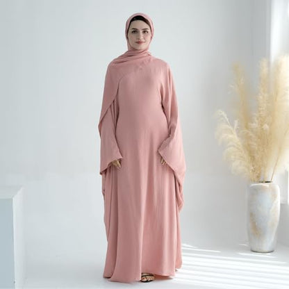 ODIZLI Abayas 여성용 무슬림 두바이 풀 커버 카프탄 셔츠 드레스 배트윙 슬리브 히잡 기도 드레스 - color: 핑크 + 히잡, size: 단일 사이즈