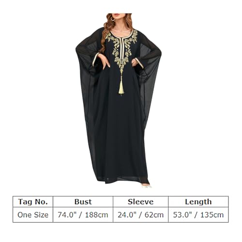 IDOPIP Abayas for Women Muslim Ramadan Dress Long Sleeve Floral Maxi Moroccan Kaftan Dress Loose Islamic Dubai Pakistani Robe - color: Black Tassel