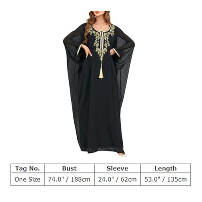 OBEEII Muslim Dress for Women Loose Batwing Sleeved Hooded Beaded Embroidery Long Abaya Dress Kaftan Abayas Islamic Robe - color: Black-floral Embroidery
